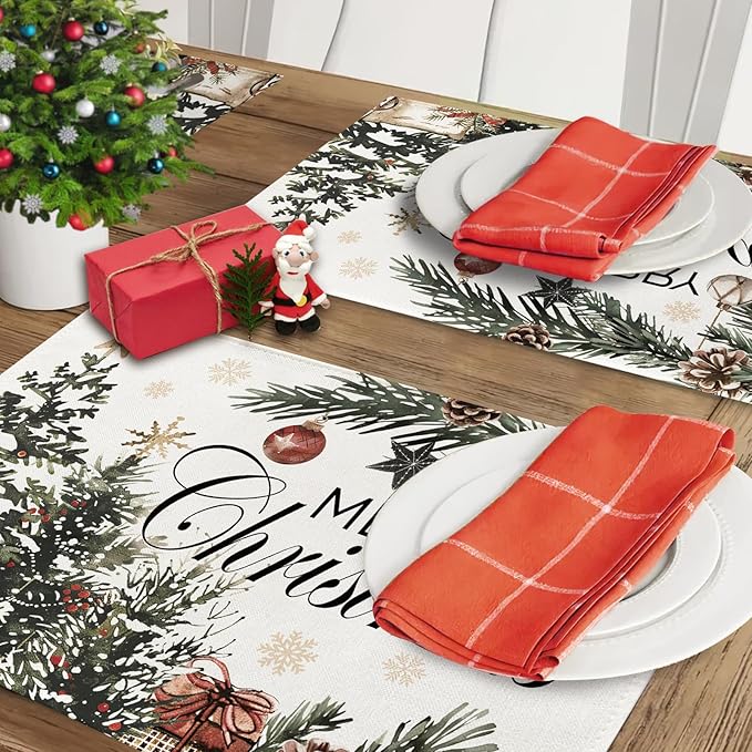 Merry Christmas Tree Placemats Set of 4, Xmas Balls Gifts Pine Branches Dining Place Mats Table Decor, Winter Holiday Gold Snowflake Home Kitchen Decoration 12 x 18 Inches