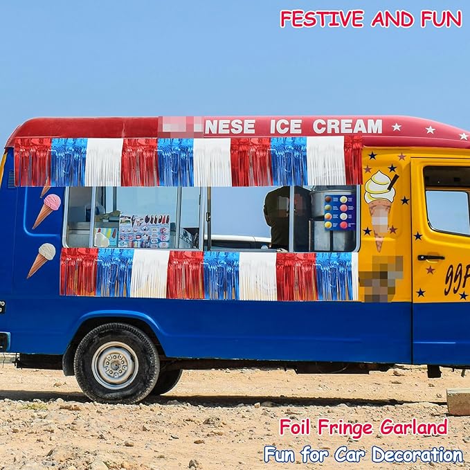 4 Packs Total 39 Feet 4th of July Parade Floats for Trailer Car, Red White Blue Foil Fringe Garland Patriotic Tinsel Streamers Banner Table Skirts for Graduation Homecoming Wedding Birthday Party