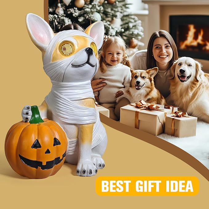 Halloween Decorations, Halloween Dog Statue Holding Pumpkin, with 360°Rotating Glowing Eyes and Solar Power,Outdoor Dog Statue for Front Door Porch, Yard, Lawn, Garden &Spooky Gifts