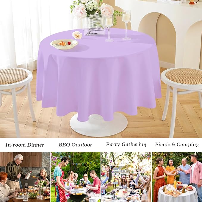 Mulbozy 2 Pcs Lavender Round Tablecloth, 84 inches Disposable Plastic Light Purple Circle Table Covers for Baby Shower Wedding Bridal Shower Birthday Party Decorations
