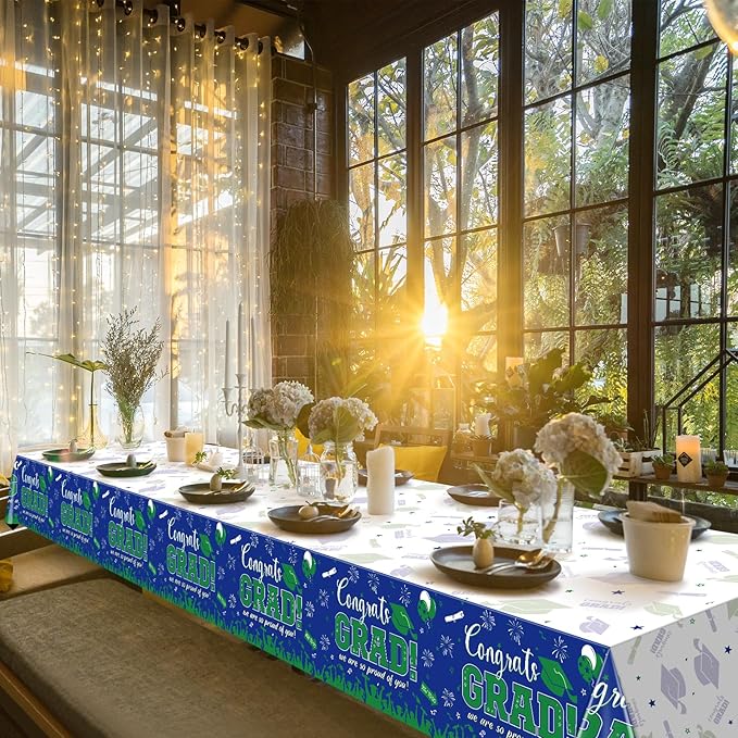 3 Pack Graduation Tablecloth Party Decorations, Class of 2026 Congrats Grad Plastic Tablecover Party Supplies, Blue and Green Rectangle Graduation Table Decor for College High School Party, 54x108Inch
