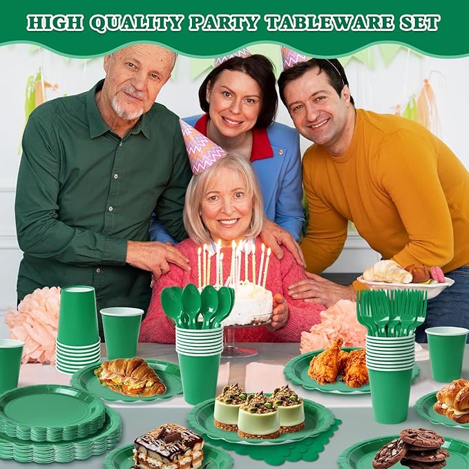 Vyntra 350 Pcs Green Paper Plates and Napkins Set for 50, 9" Dinner Plates & 7" Dessert Plates, Tableware for Party, St. Patrick’s Day, Birthday