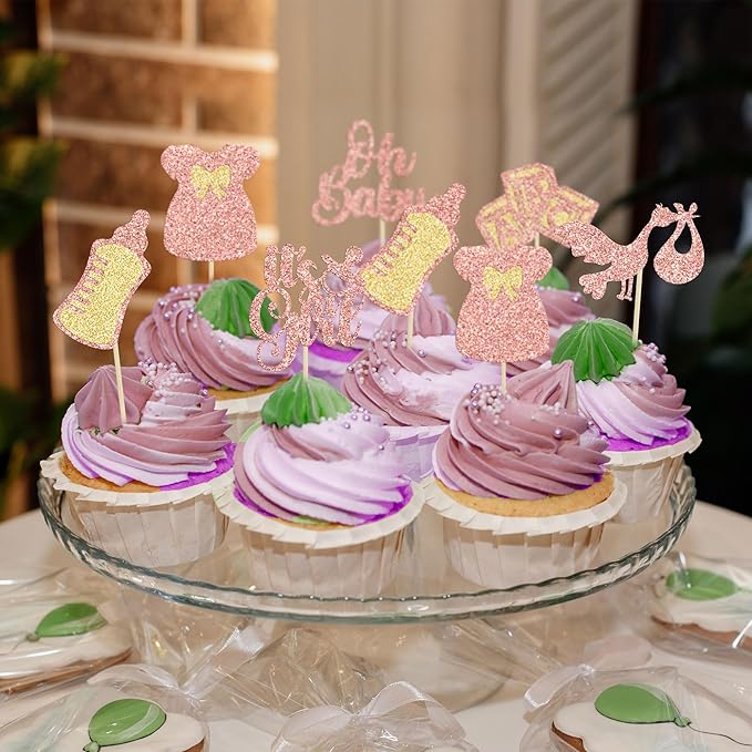 Gyufise 24Pcs Baby Shower Cupcake Toppers Glitter Bow Dress Baby Bottle Oh Baby Cupcake Picks It's a Girl Cake Decorations for Gender Reveal Baby Shower Kids Girls Birthday Party Supplies Rose Gold
