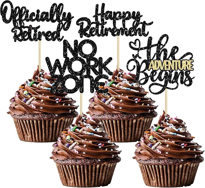 24Pcs Happy Retirement Cupcake Toppers Officially Retired No Work Zone Adventure Begins Cupcake Pick Decorations Retirement Theme Farewell Birthday Party Cake Decorations Supplies Black