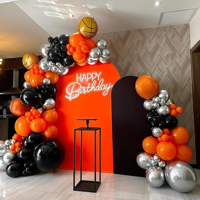 Basketball Balloon Arch Kit, 111pcs Orange and Black Silver Balloons Garland Kit with Explosion Star Balloons, Sports Balloon Kit for Boys Birthday Baby Shower Sports Theme Decorations Supplies