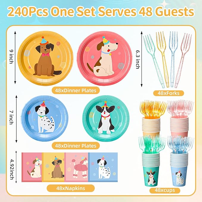 Havawish 240 Pcs Pet Dog Birthday Party Supplies Retro Puppy Themed Paper Plates Napkins Cups Vintage Puppy Face Party Tableware Disposable Pet Dinnerware for Birthday Baby Shower Table Decor