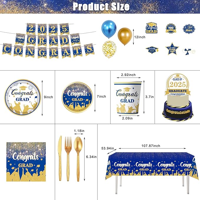 2025 Congrats Grad Party Decorations Blue and Gold Graduation Party Supplies with 2025 GRAD CONGRATS Banner Balloons Cake Toppers Tablecloth Plates Napkins Cups for Graduation Decorations