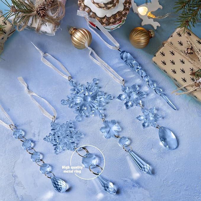 18pcs Crystal Christmas Ornaments for Christmas Tree Decorations- Light Blue Hanging Acrylic Snowflake and Icicle Ornaments with Drop Pendants for New Year Party Decorations Supplies
