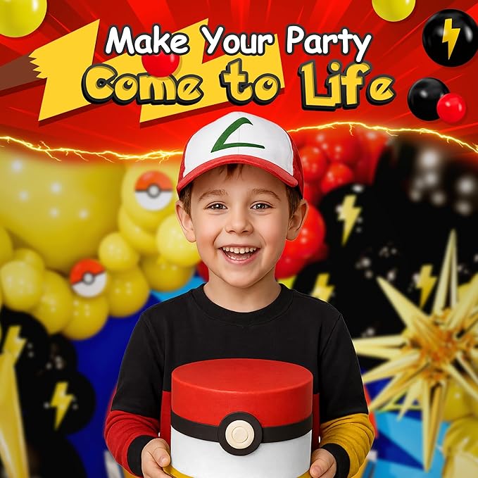 ALL-IN-1 Cartoon Balloon Arch Kit with BONUS Thunder & Starburst Balloons for Poke Birthday Decorations - Red Black Yellow Balloons for Poke Cartoon Birthday Decorations & Video Game Party Supplies