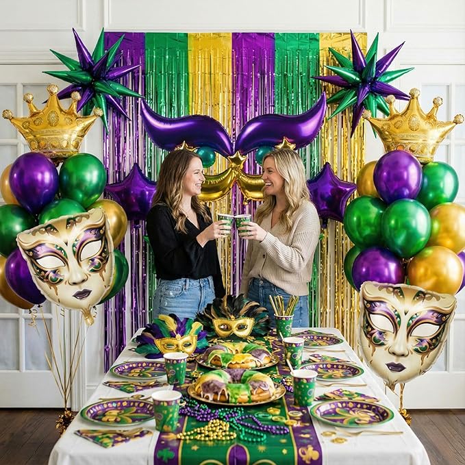 Mardi balloon garland arch kit Purple green gold with Fringe Curtain DIY Mask star Crown and Mask Balloons for Gorgeous Funny Grand Fat Tuesday Party decorations