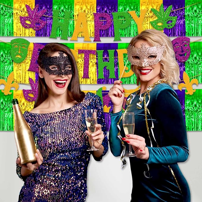 3 Pack 10 Ft Gold Green Purple Foil Fringe Garland Metallic Streamers Tinsel Banner Wall Hanging Garland Backdrop for Parade Floats, Halloween, Christmas, Thanksgiving, New Year Party Decorations