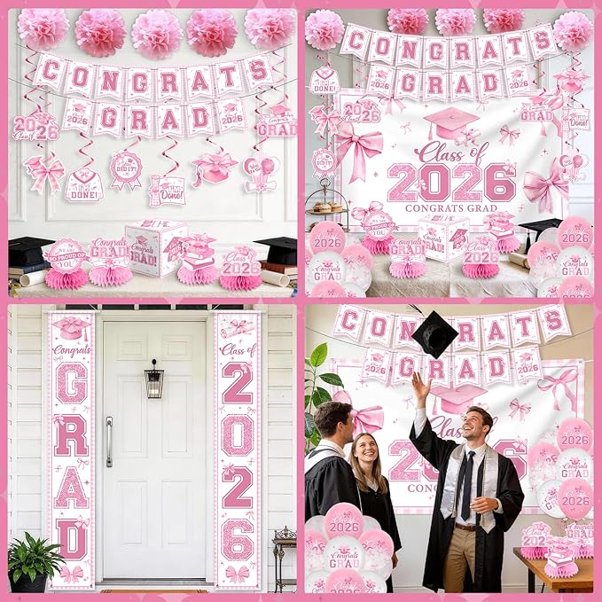 Pink Bow Graduation Decorations 2026 Set, All-in-1 Coquette Kit with Congrats Grad Banner Class of 2026 Backdrop Porch Sign Balloons Centerpieces Card Box Pom Poms Streamers for College High School