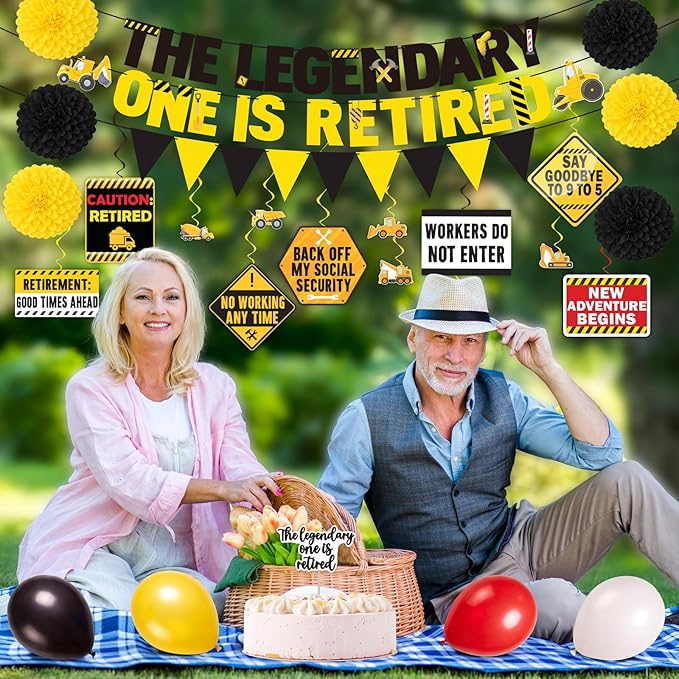 44Pcs Retirement Party Decorations Kit Legend Retired Banner Hanging Swirls Balloons Cake Topper Retire Decor Set for Women Men Coworker Family Celebration