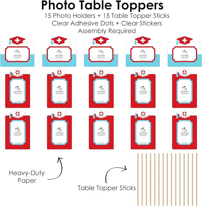 Graduation Photo Display Centerpiece Kit - 15 Double-Sided Photo Table Topper Sticks, Vertical and Horizontal 4x6 Picture Holders, DIY Party Decoration Set - Nurse Graduation