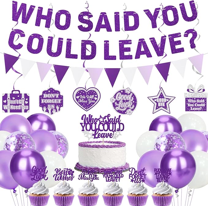 Roetyce Farewell Party Decorations, Purple Silver Who Said You Could Leave Banner Cake Toppers Balloons Hanging Swirls, Going Away Retirement Leaving Party Decorations, Coworker Goodbye Party Supplies