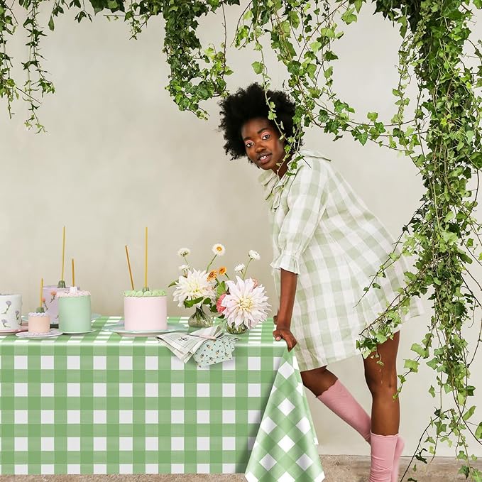 4 Pack Sage Green Gingham Tablecloths, Light Green and White Checkered Tablecloths 86.6 x 51.2 Inches Rectangular Waterproof Picnic Table Covers for Birthday Party Holiday Outdoor Supplies