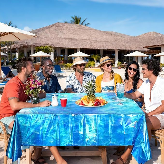 3-Pack Iridescent Wave Pattern Tablecloths, Holographic Shimmering Ocean Blue Disposable Tablecloths, 54 Inches x 108 Inches, Perfect for Summer Beaches, Birthdays, and Pool Party Decorations