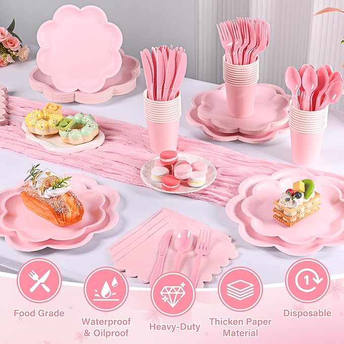 350 Pcs Pink Paper Plates and Napkins Set, Tableware Set for 50 Guests Include Disposable Pink Scalloped Plates, Napkins, Cups, Knives, Forks & Spoon for Baby Shower Easter Party Wedding Birthday