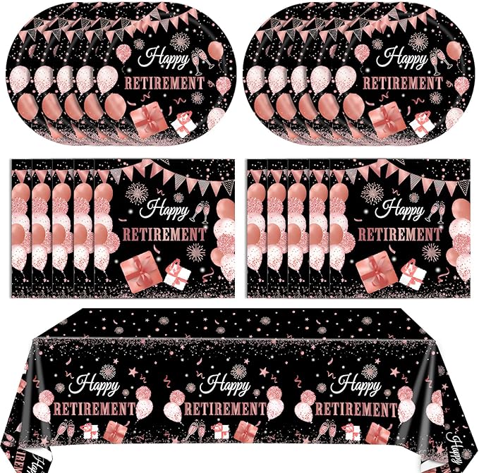 41PCS Retirement Decorations for Women Black Rose Gold Themed Retirement Decor Paper Plates Napkins Tablecloth Set for Women's Say Goodbye Party Supplies