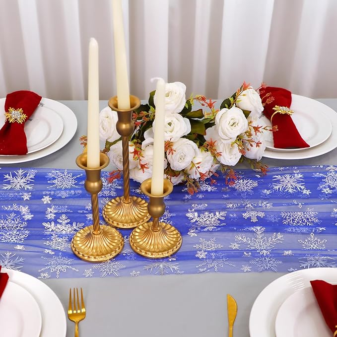 Snowkingdom Blue Silver Christmas Snowflake Table Runner, 10ft Royal Blue Tulle Gauze Sheer 120 Inch Winter Cheesecloth Table Runner for Seasonal Holiday Party, New Year, Wedding Dining Table Decor