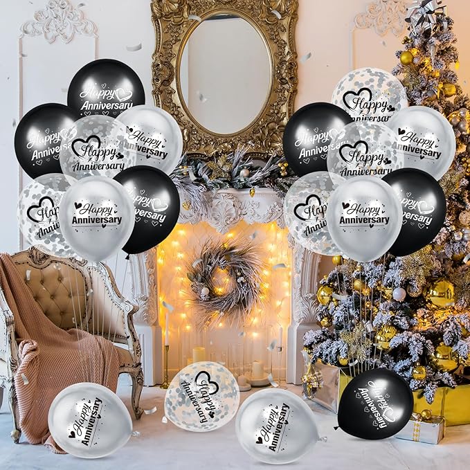 Happy Anniversary Balloons 18Pcs Black Silver Party Decorations for Women Men 12Inch Metallic Confetti Balloons for Indoor Outdoor Party Supplies