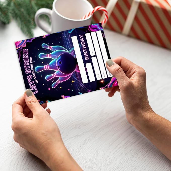 Neon Bowling Birthday Party Invitation Cards 20 Invitations With Envelopes, Bowling Invites For Birthday Parties,Theme Birthday Decorations, Party Gathering Invitation (4x6 inch)