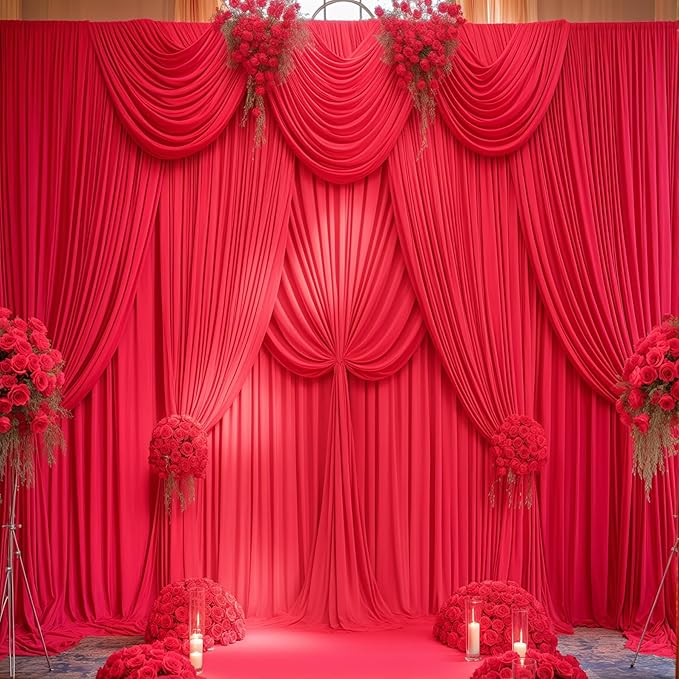 Red Backdrop Curtains 10 Panels-Wrinkle-Free Polyester Photography Drapes Party Photo Backgrounds for Wedding Christmas Photo Backdrops- 40 X10FT
