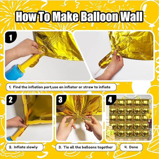 36PCS Square Foil Balloon Wall Backdrop,19 inch Double-Sided Metallic Balloons for Party,Wedding,Anniversary,Birthday,Graduation,Halloween,Shiny Balloon Decor (Gold)