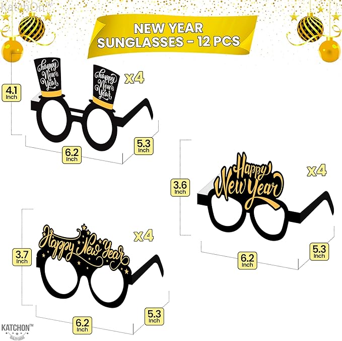 KatchOn, 2026 Glasses New Years - Pack of 12 | Happy New Year Eyeglasses 2026 for New Years Eve Party Supplies 2026 | NYE Party Glasses | Happy New Years Decorations 2026 | NYE Decorations 2026