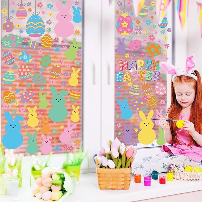 9 Sheets Easter Window Clings, 152PCS Double Sided Easter Party Clings for Glass Windows with Bunny Egg Flower, Reusable Happy Eggs Bunny Window Decals Stickers for Home Office Decorations