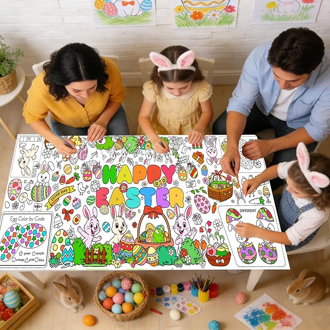 Easter Giant Coloring Poster for Kids,30x72 Inch Happy Easter Crafts Drawing Paper Coloring Tablecloth DIY Art Crafts for Kids Party Bunny Egg Themed Activity Home Classroom Party Suppiles