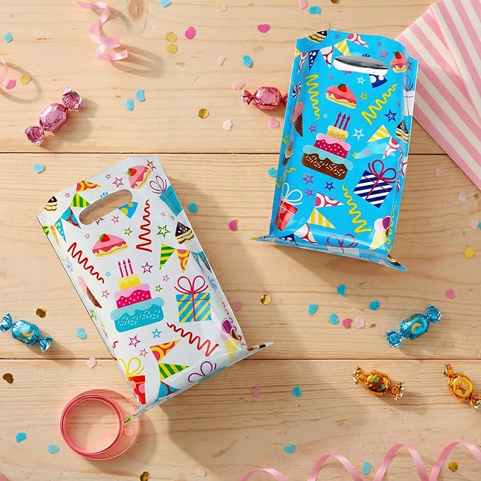 SUNCOLOR Birthday Party Favor Bags, 32 Pack Goodie Bags with Handles, 9.8 x6.7 inches, Pink Blue Yellow White Gift Bags for Kids Parties, Celebrations