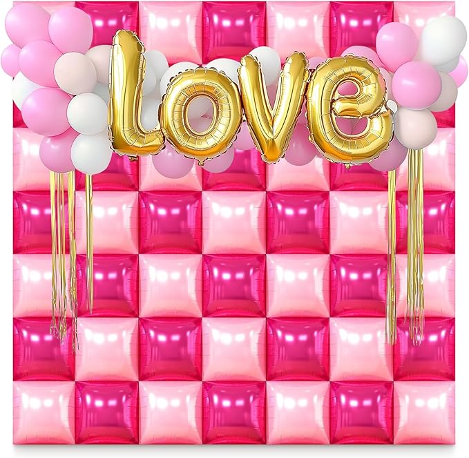 50 PCS Hot Pink Square Foil Balloons, Reusable Double Sided DIY Mylar Balloon Arch & Wall Backdrop Kit for Bridal Wedding Birthday Bachelorette Graduation Baby Shower Party Decorations