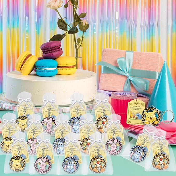 Winnie Baby Shower Favors Keychain,72pcs Winnie Baby Shower Birthday Party Supplies for Guest, 24 Acrylic Keychains, 24 Tags, 24 Gift Bags for Winnie Themed Party