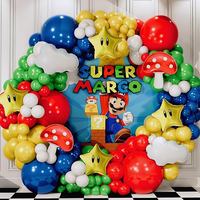 ALL-IN-1 Super Adventure Balloon Arch Kit with BONUS Mushroom, Cloud & Star Balloons for Bros Party Decorations - Red Blue Green Yellow Balloons for Video Game Birthday Decoration & Party Supplies