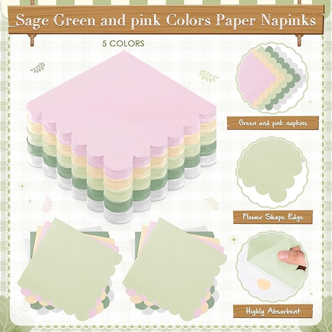 Zhehao 175 Pcs Pink and Sage Green Style Party Supplies Set Pink and Green Disposable Tableware Kit with Plates, Cups, Napkins, Cutlery in Natural Earth Tones for Baby Shower, Birthday