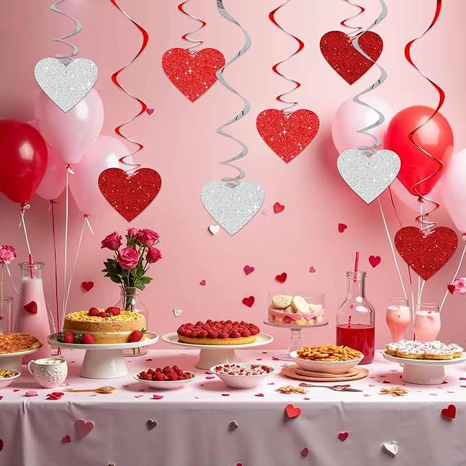 BEISHIDA Happy Valentine's Day Pre-Strung Hanging Swirls Valentine's Decorations Red Red Silver Glitter Heart Hanging Streamers for Wedding Anniversary Engagement Proposal Party Supplies 15Pcs