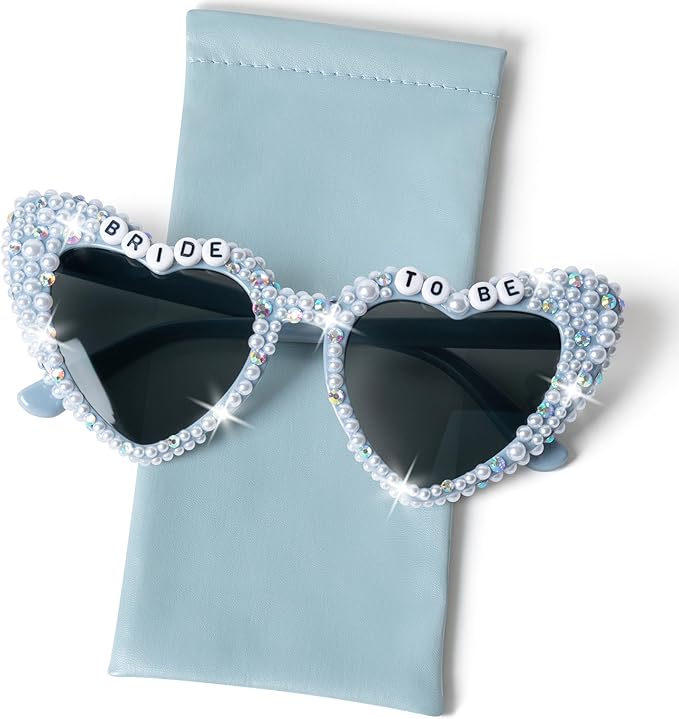 PANTIDE Bride To Be Sunglasses - Rhinestone Pearl Heart Shaped Sunglasses, Bachelorette Party Engagement Gift