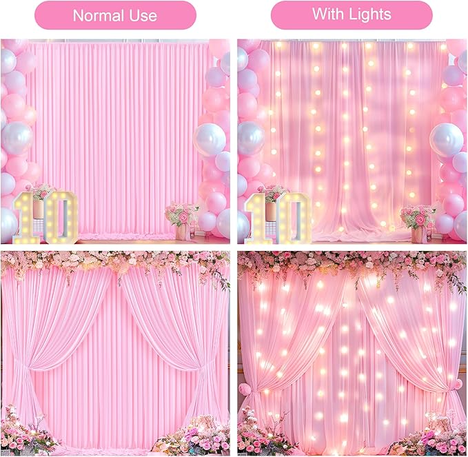 20x10FT Pink Backdrop Curtains with Lights for Parties,Wrinkle Free Wedding Photo Backdrop Curtains for Baby Shower Birthday Ceremony Reception Home Party Decorations-5ft x 10ft,4 Panels