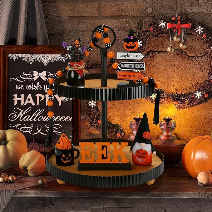 Halloween Decorations 6PCS Tiered Tray Decor, Cute Tabletop Halloween Decor for Home Tray Shelf Fireplace Mantel Office Desk Table Centerpieces Farmhouse Rustic Spooky Wood Signs