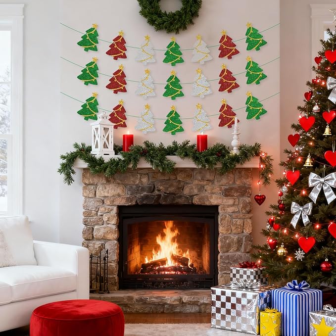 3 Set Pre-Strung Christmas Decorations,Glitter Christmas Tree Banner Garland for Winter Party,Mantle Decor,Xmas Door Wall Window Hanging Decoration,Happy Holidays Decorations