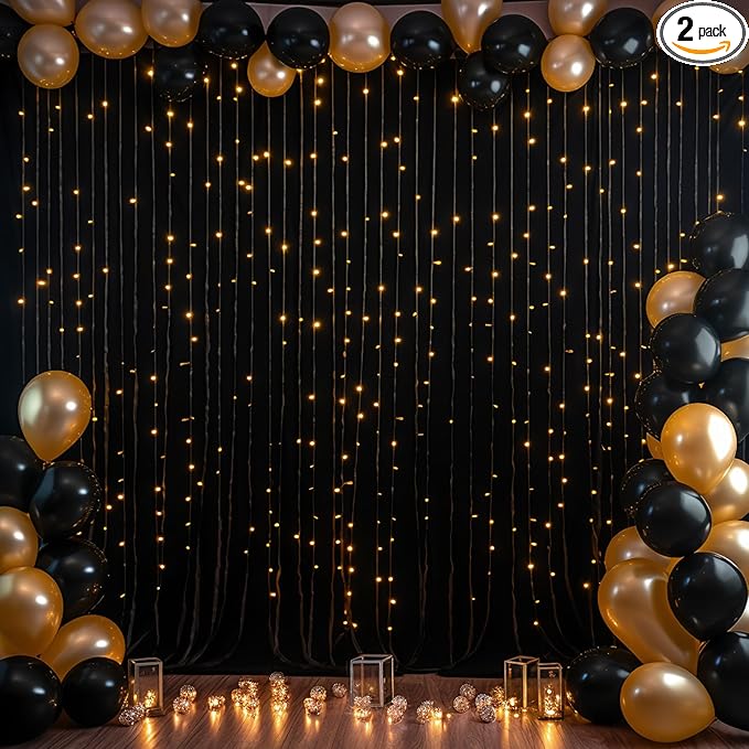 Black Backdrop Curtain with Lights String for Parties,10x10FT Wrinkle Free Black Drapes Wedding Photo Backdrop Curtains for Baby Shower Birthday Ceremony Reception Home Party Decorations