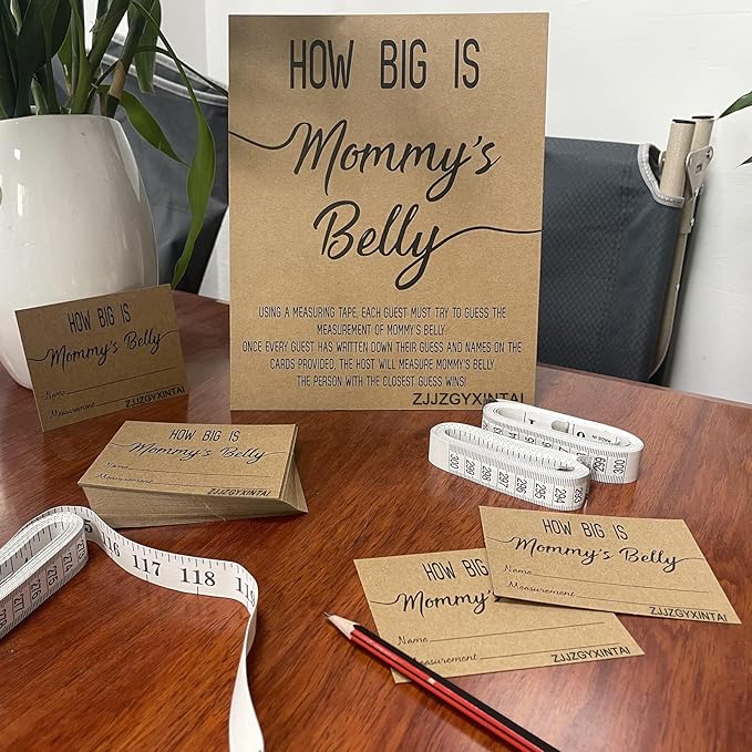 How Big is Mommy's Belly? Rustic Baby Shower Gender Neutral Game Includes 8x10 Inch Kraft Standing Sign and 50 Guessing Cards, 3 Rolls 10 Feet Measuring Tape