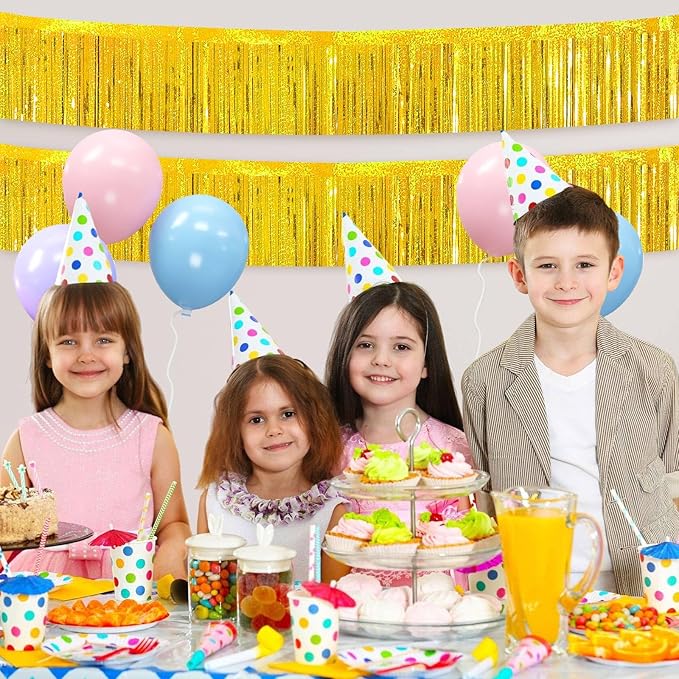4 Packs Foil Fringe Garland Tinsel Streamers Shiny Wall Hanging Birthday Banner Backdrop for Graduation Wedding Anniversary Celebration Happy Birthday Party Decorations Glitter Gold
