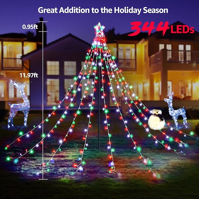 BlcTec Outdoor Christmas Lights 344 LED Christmas Star Lights with 9 Strands 11.9ft Waterfall Tree Lights, 8 Modes, Waterproof & Timer for Garden Yard Patio Outdoor Xmas Decorations，Red Green White