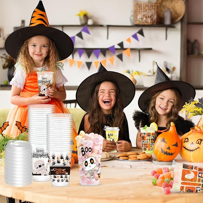 50 Pcs Halloween Plastic Cups 16oz Disposable Clear Drinking Cup with Lids,4 Style Patterns for Hot and Cold Drinks, Coffee, Beer, Drinks, Ice Cream, Trick or Treat Halloween Party Decoration Supplies