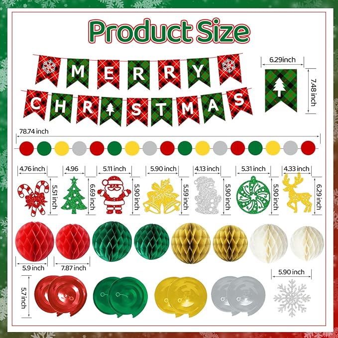 Christmas Party Decorations, Xmas Party Supplies, Merry Christmas Banner, Honeycomb Balls, Xmas Theme Hanging Swirls, Circle Dots Garland, for Outdoor Indoor Home Mantle Fireplace Decor