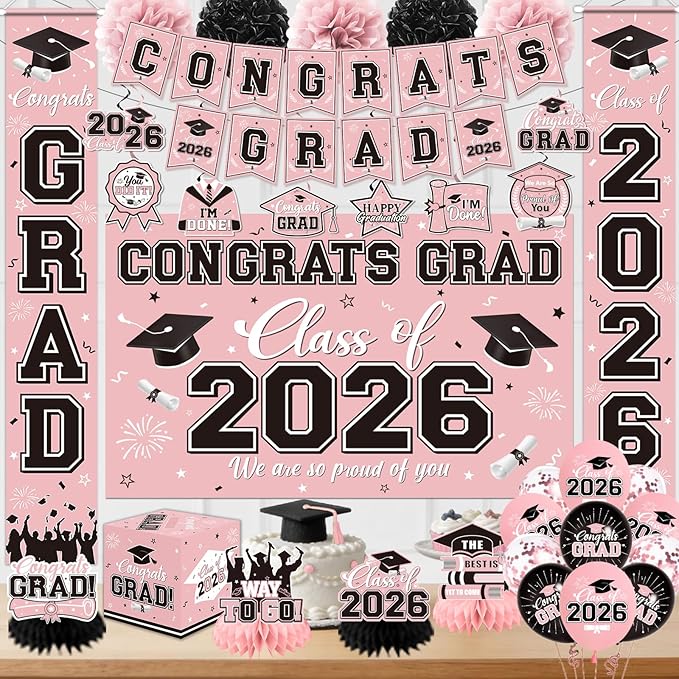 Graduation Decorations 2026 Pink Party Decor Set with Congrats Grad Banner, Class of 2026 Backdrop, Balloons, Box & Streamers Supplies for High School & College Celebrations