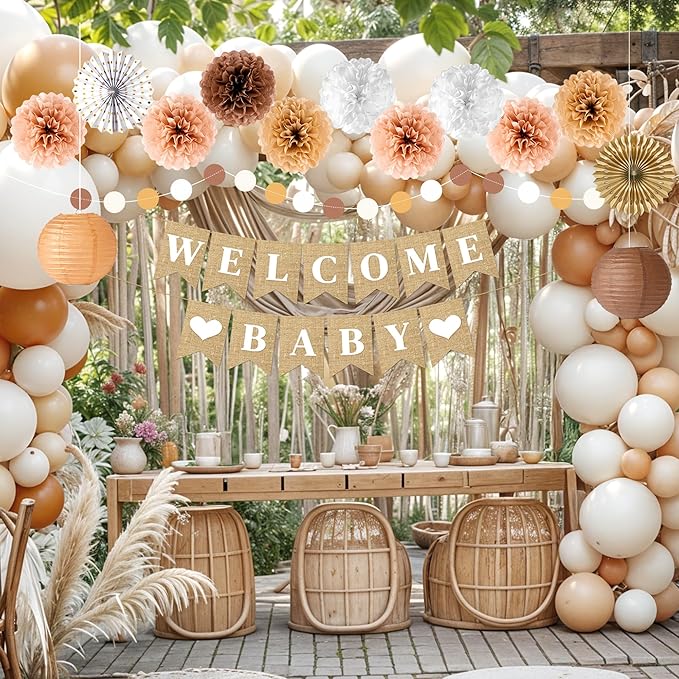 Kriyokiaa Boho Baby Shower Decorations 15 Pcs Gender Neutral Baby Shower Decorations Elegant Earth Tones Paper Pompoms and Lanterns with Welcome Baby Banner for Boy Girl