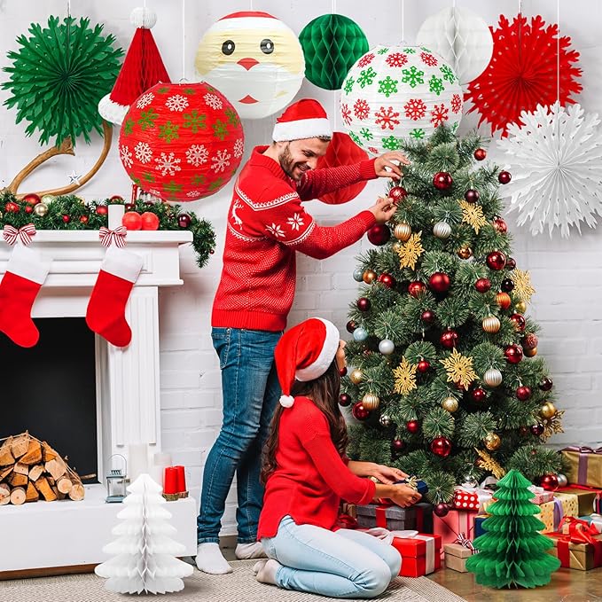 Christmas Honeycomb Paper Lantern Decoration Set, Hanging X-mas Party Supplies Including Christmas Hat, Trees Honeycomb Balls Lanterns, Paper Fans for Holiday XMAS Party Decor